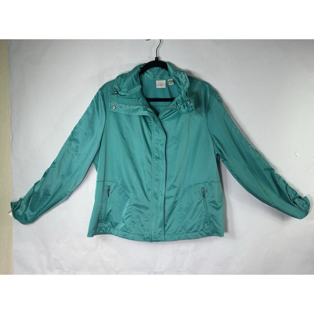 Chicos Collection Size XL (3) Teal Turquoise Full Zip Windbreaker Jacket Shiny